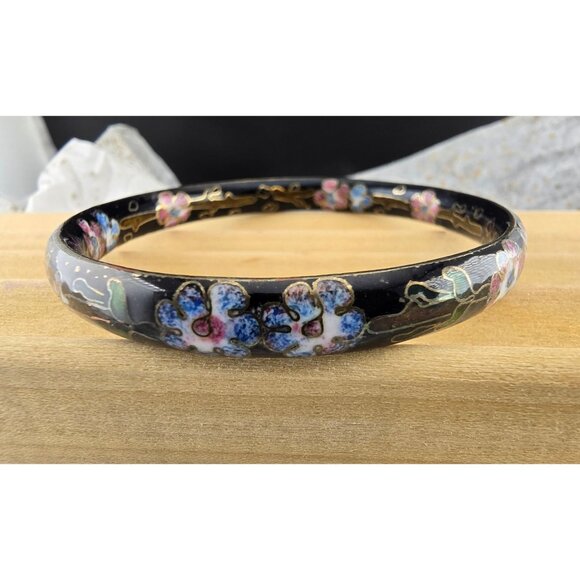 Vintage Black Cloisonné Bangle Bracelet With Floral Enamel Design In Blue & Pink - Picture 1 of 9